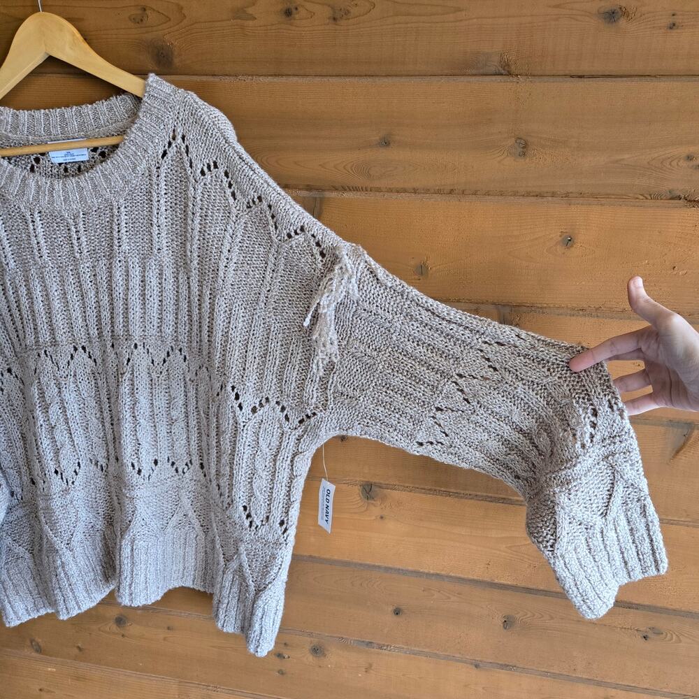 Old Navy Textured Fringe Sweater Top NWT XXL Pullover Light Brown Heather Eyelet - Picture 5 of 5